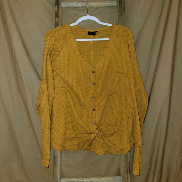 Out from Under Mustard Button Down Tie Front Thermal Long Sleeve Top - Picture 5 of 5